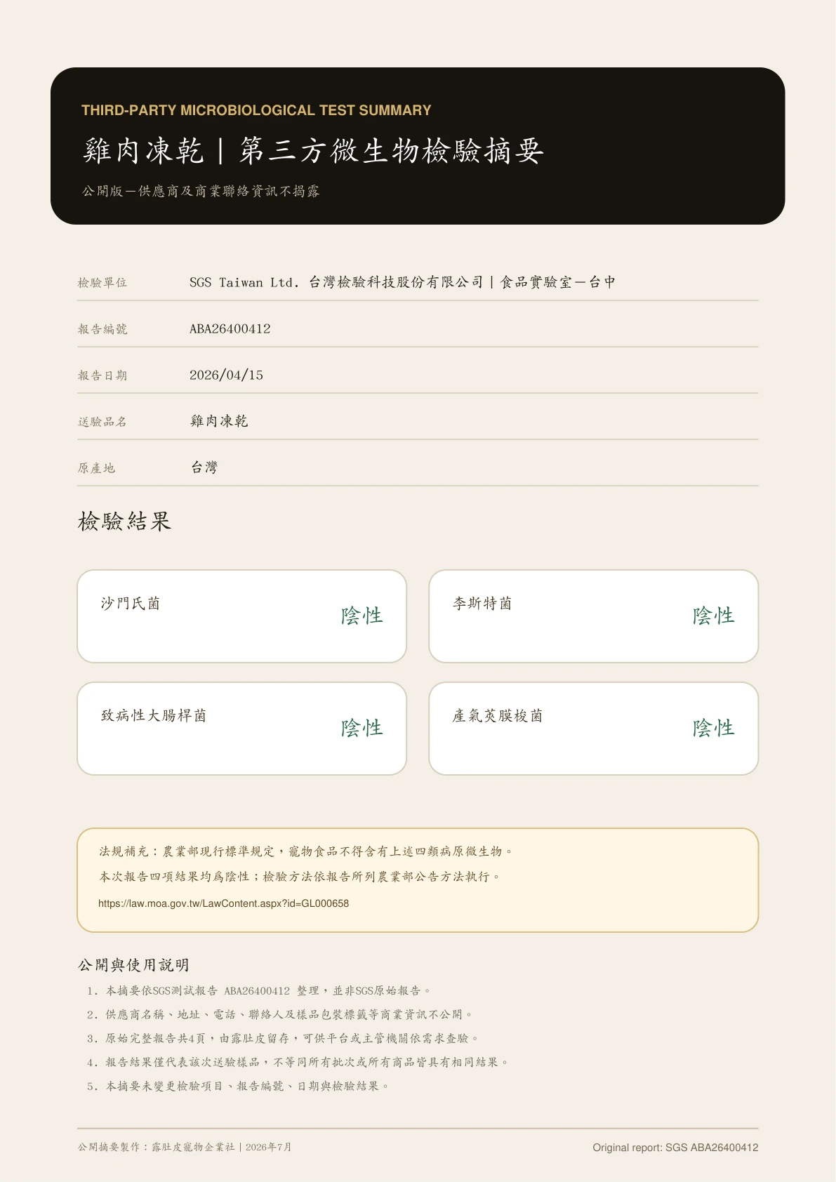 雞肉凍乾SGS微生物檢驗公開摘要