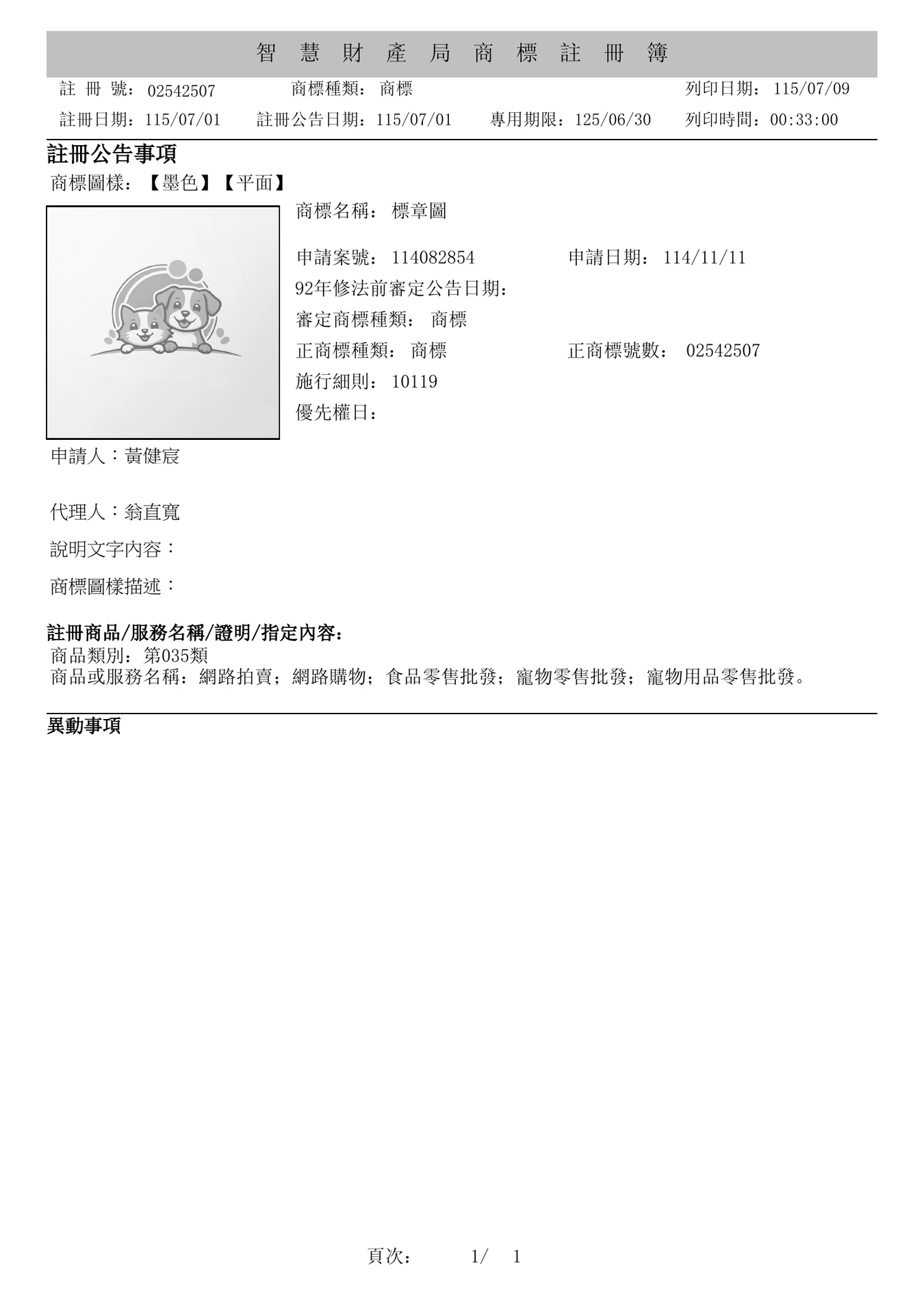 露肚皮寵物第35類圖形商標註冊資料，地址已遮蔽
